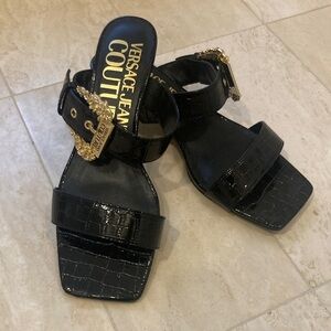 Versace Jeans Collection Black Embossed Sandals with Gold Buckles